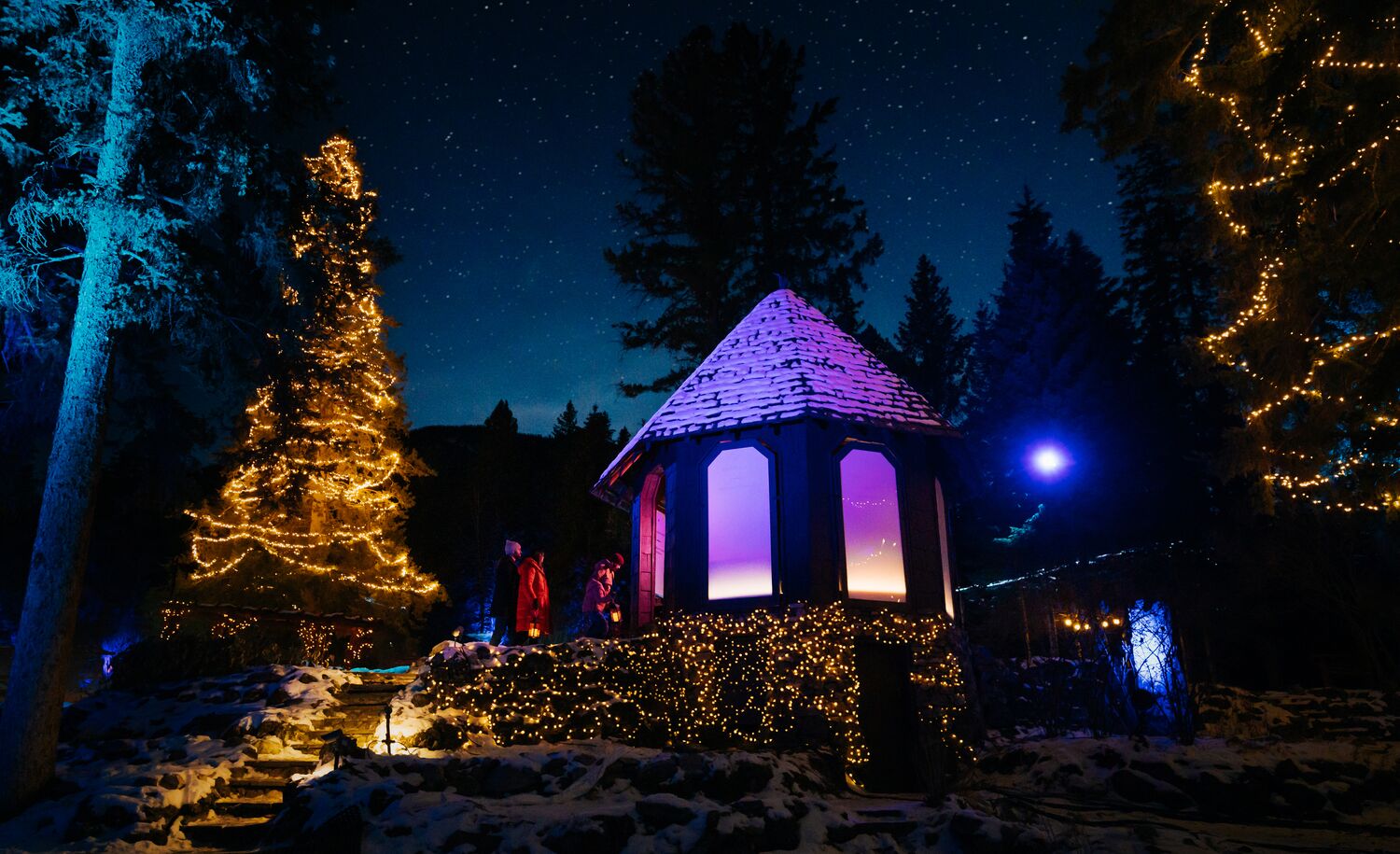 A couple amongst Christmas lights at In Search of Christmas Spirit in Banff National Park.